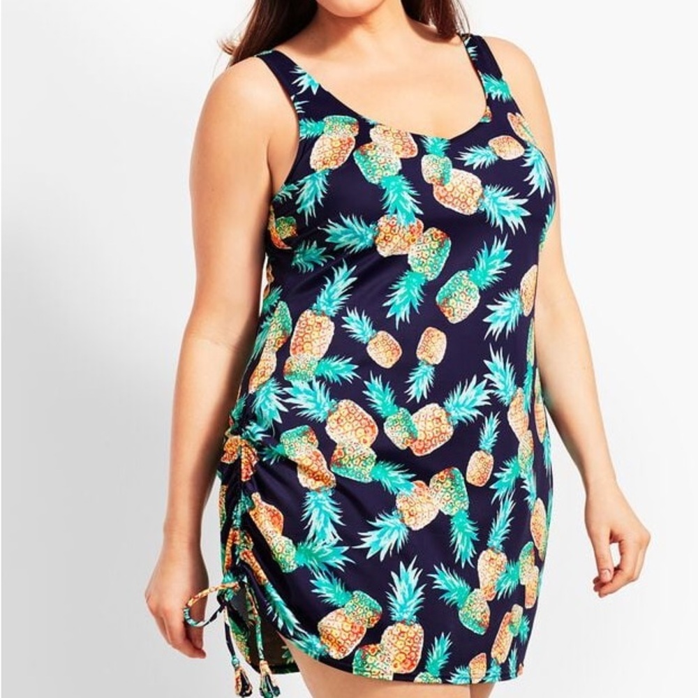 Talbots Pineapple Party Side Ruched Swim Dress One Piece Suit Navy Blue NEW 14